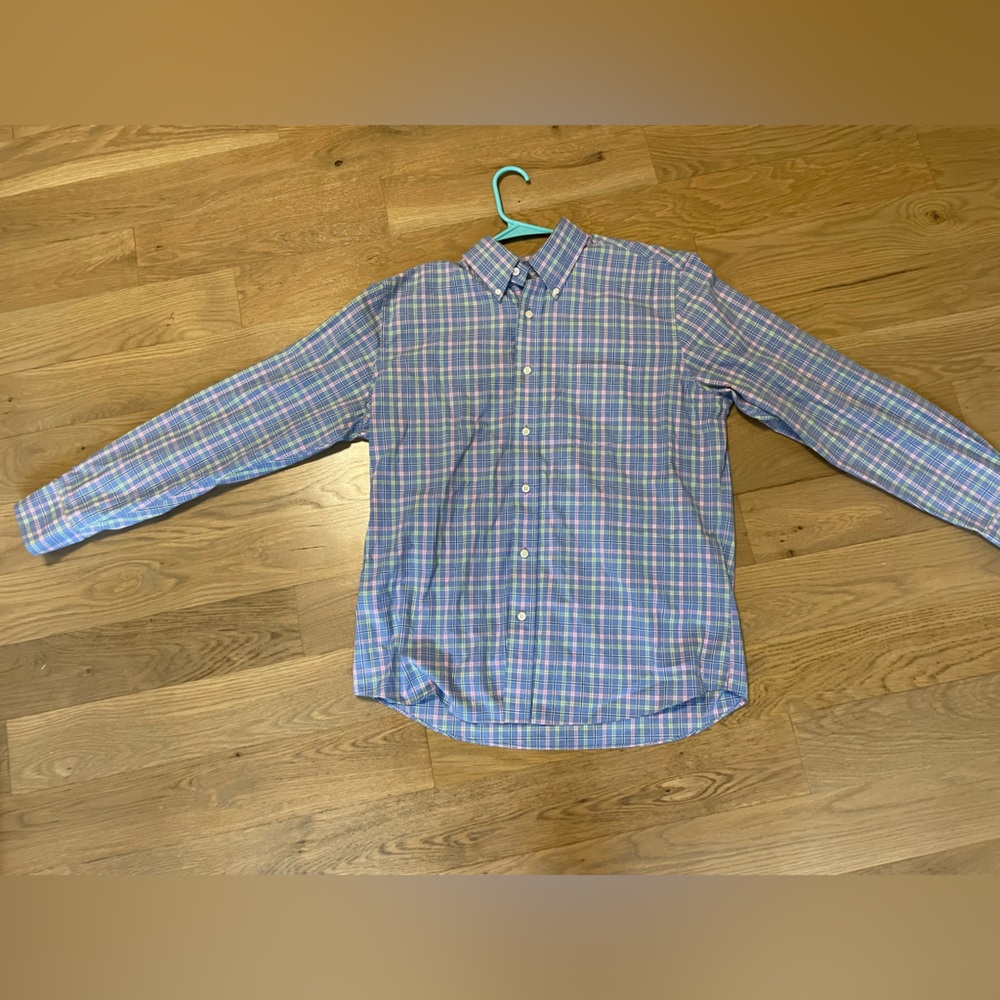Charleston threads blue green pink plaid button down